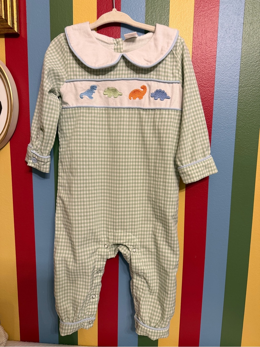 Stitchy Fish Gingham Dinosaur Romper